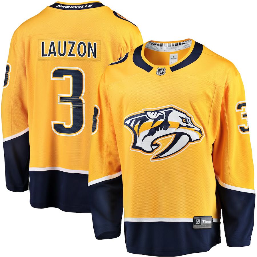 Men Nashville Predators 3 Jeremy Lauzon Fanatics Branded Gold Home Breakaway Player NHL Jersey